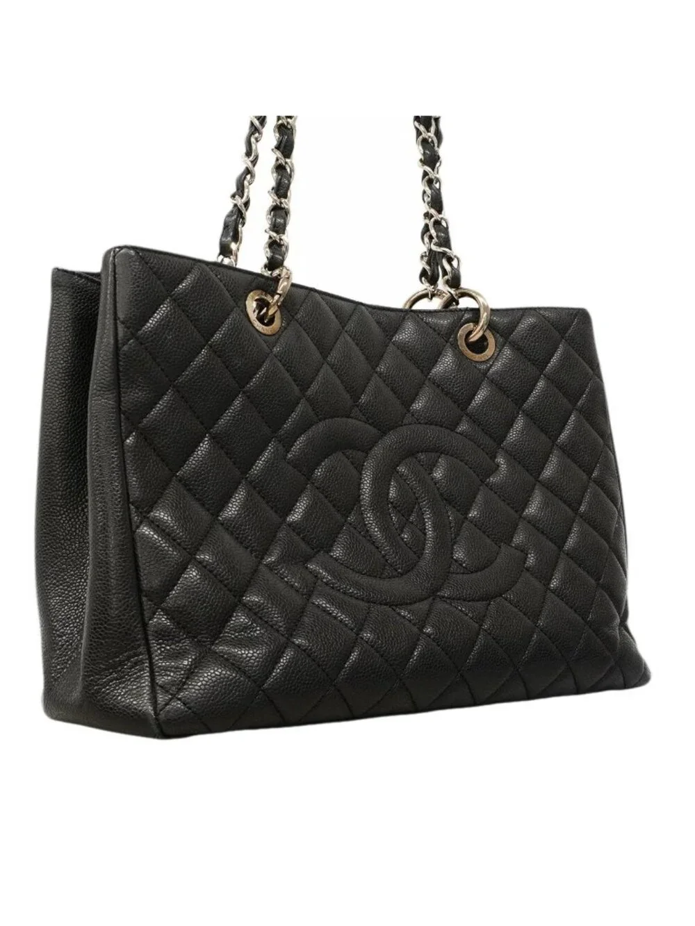 Chanel Chain Tote Quilted Caviar Leather Black Silver